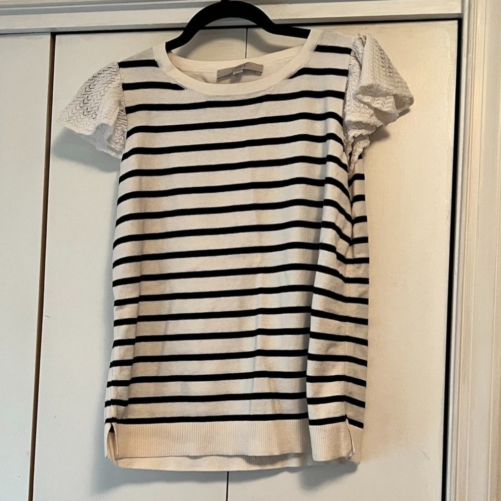 Loft Black & White Striped Short Sleeve Sweater - Crochet Flutter Sleeves - M